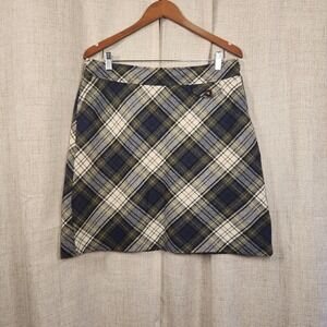 L.L. Bean Plaid Wool Blend A Line Skirt Women's 14P Blue Green Lined Pockets